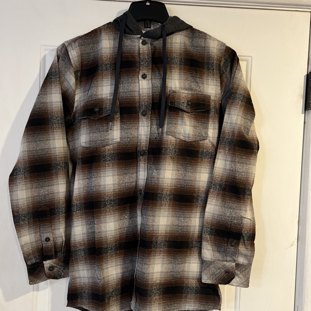 NWT Burnside Hooded Plaid Flannel Button Shirt Long Sleeve Brown Mens Small S